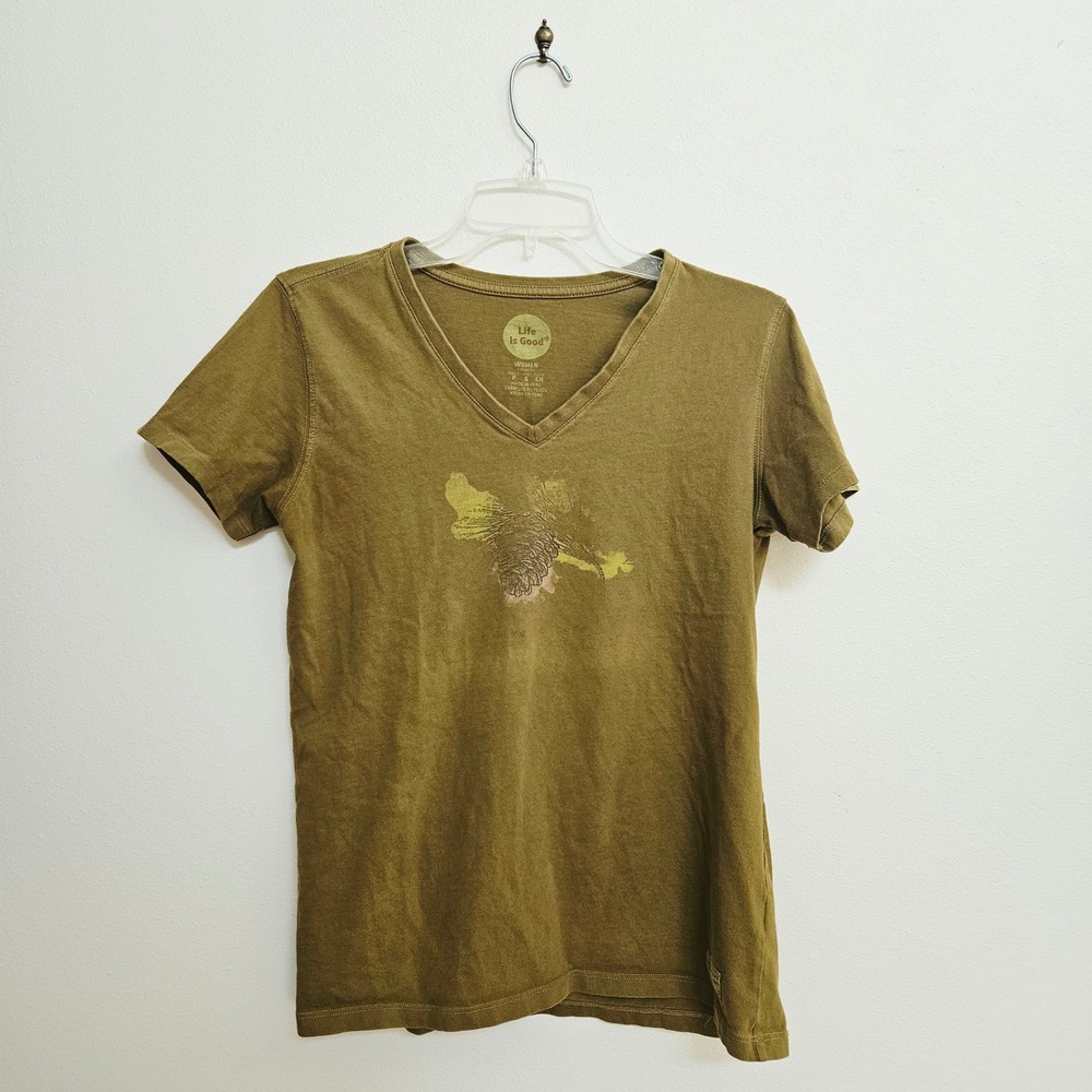 Life is Good Womens V-Neck T-Shirt Olive Green Graphic Tee Small